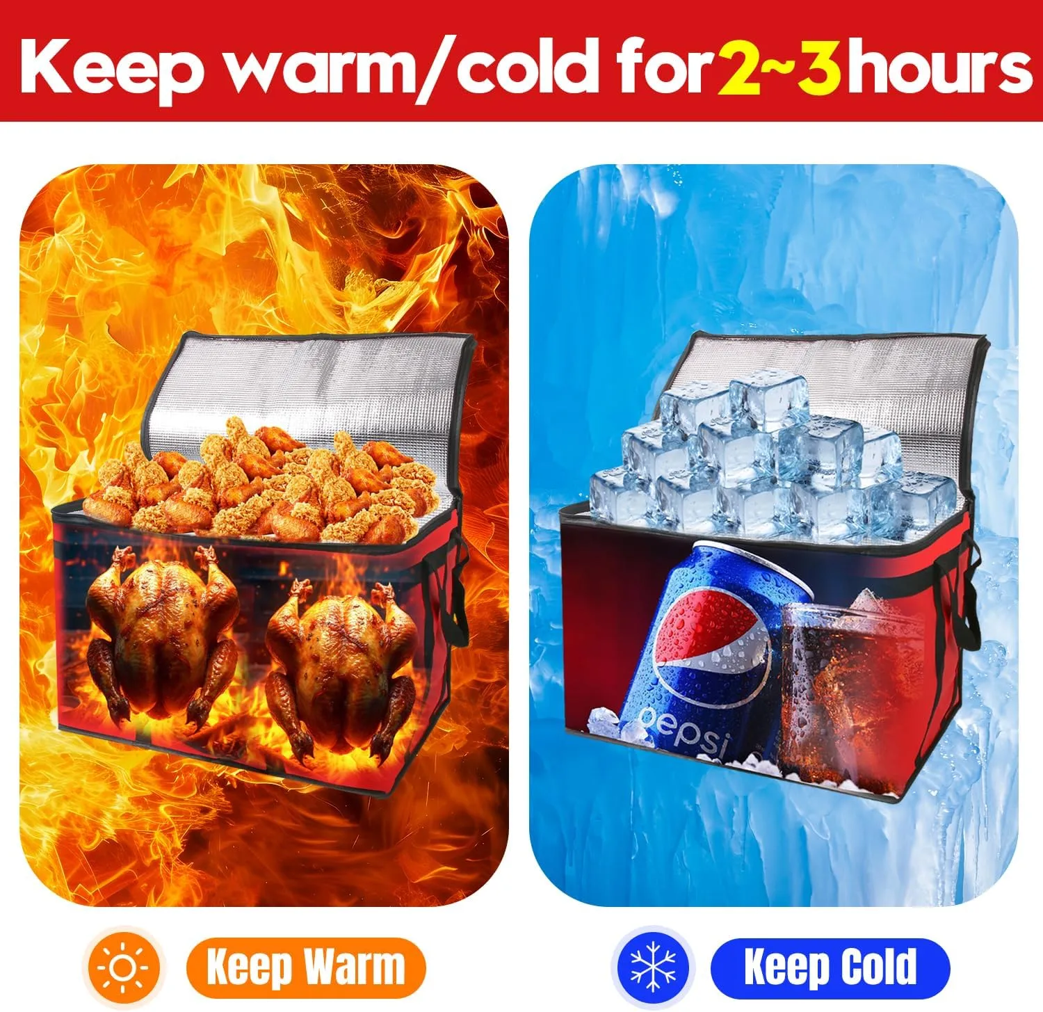 2 Pack Insulated Food Delivery Bag Red Pizza Delivery Bags for Hot & Cold Food, Large Capacity Reusable Warming Bag Catering Cooler Bag for Party