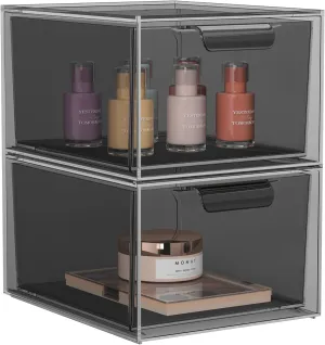 2 Pack Stackable Makeup Organizer and Storage, Acrylic Organizers，Clear Plastic Storage Drawer with Pull-Out Handles for Vanity, Undersink, Kitchen Cabinets, Pantry, Black