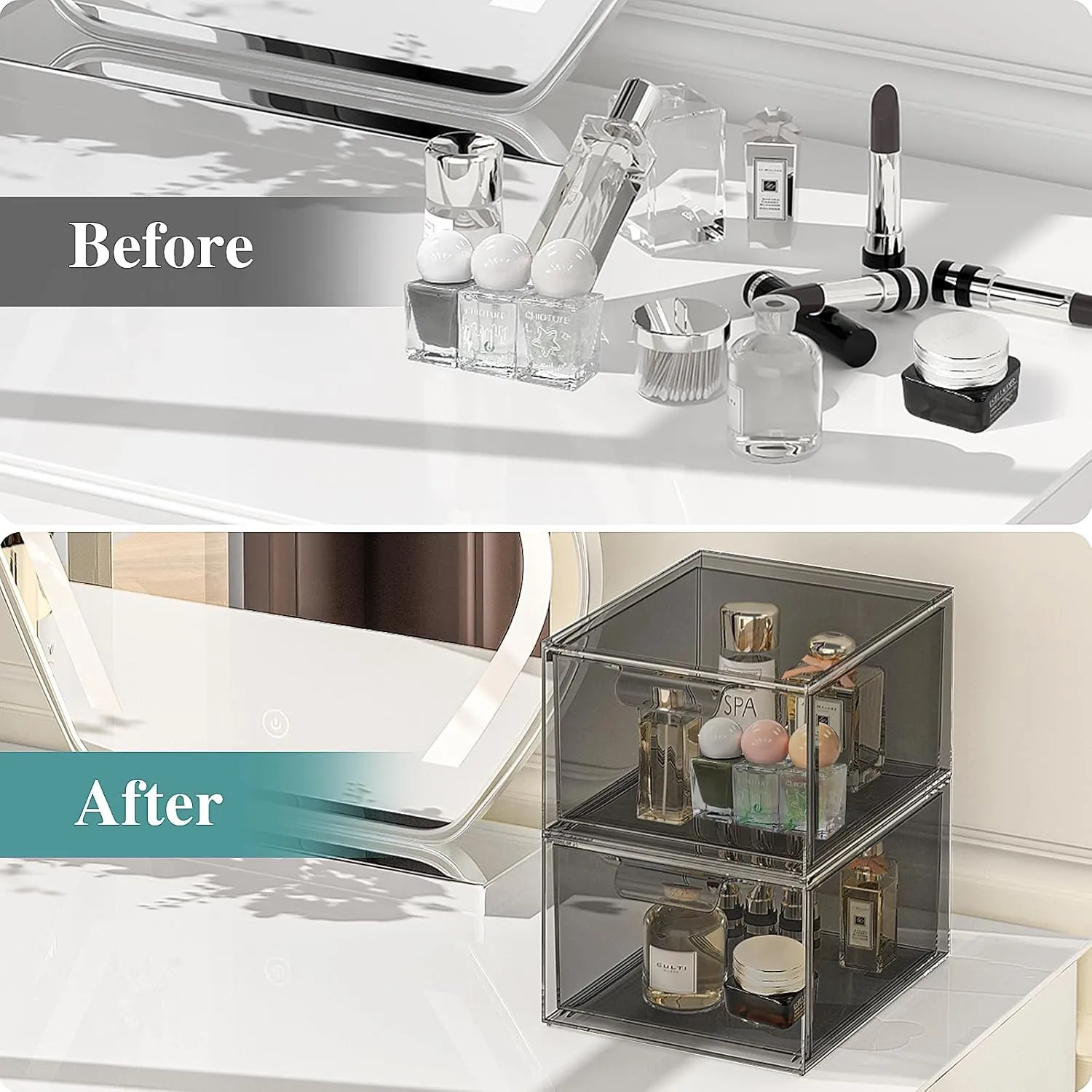 2 Pack Stackable Makeup Organizer and Storage, Acrylic Organizers，Clear Plastic Storage Drawer with Pull-Out Handles for Vanity, Undersink, Kitchen Cabinets, Pantry, Black