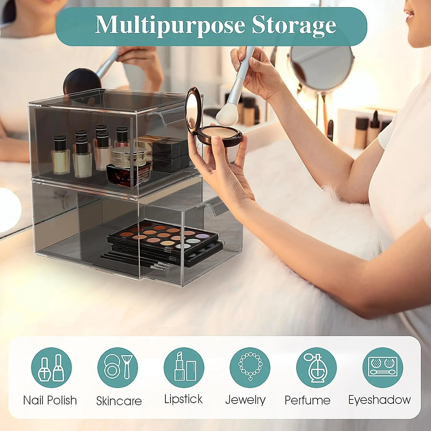 2 Pack Stackable Makeup Organizer and Storage, Acrylic Organizers，Clear Plastic Storage Drawer with Pull-Out Handles for Vanity, Undersink, Kitchen Cabinets, Pantry, Black