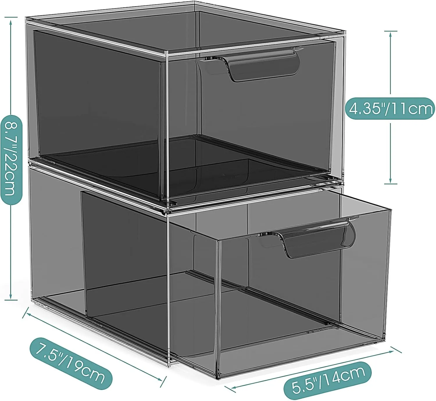 2 Pack Stackable Makeup Organizer and Storage, Acrylic Organizers，Clear Plastic Storage Drawer with Pull-Out Handles for Vanity, Undersink, Kitchen Cabinets, Pantry, Black