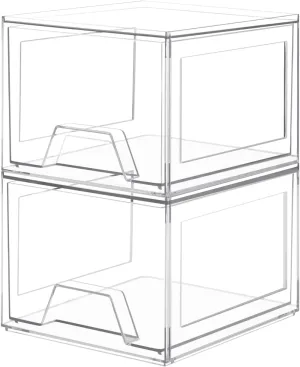 2 Pack Stackable Organizer Drawers, 4.4" Tall Clear Bathroom Makeup Organizer and Storage, Acrylic Plastic Organizers Bins for Vanity, Undersink, Bathroom, Pantry, Kitchen Cabinets
