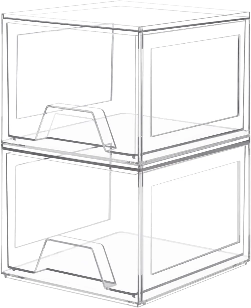 2 Pack Stackable Organizer Drawers, 4.4" Tall Clear Bathroom Makeup Organizer and Storage, Acrylic Plastic Organizers Bins for Vanity, Undersink, Bathroom, Pantry, Kitchen Cabinets