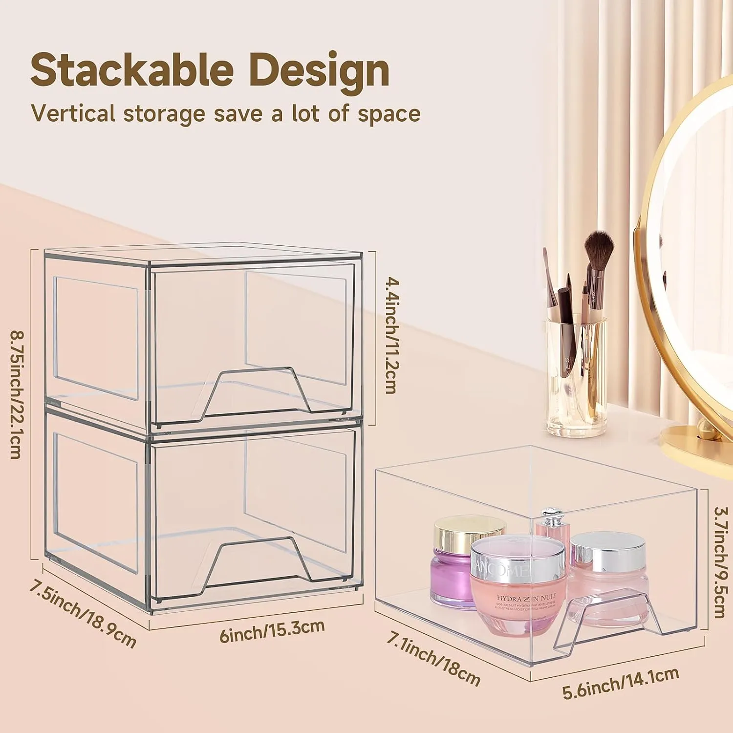 2 Pack Stackable Organizer Drawers, 4.4" Tall Clear Bathroom Makeup Organizer and Storage, Acrylic Plastic Organizers Bins for Vanity, Undersink, Bathroom, Pantry, Kitchen Cabinets