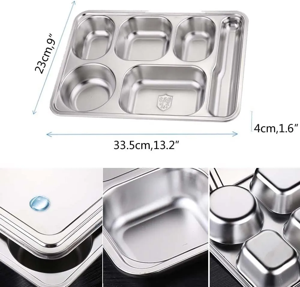 2 Pack Stainless Steel Divided Plates, Large 6 Sections Dinner Plates for Adults,Rectangular Serving Platter for Camping,Unbreakable Divided Portion Plates,Dishwasher Safe,Every Day Use