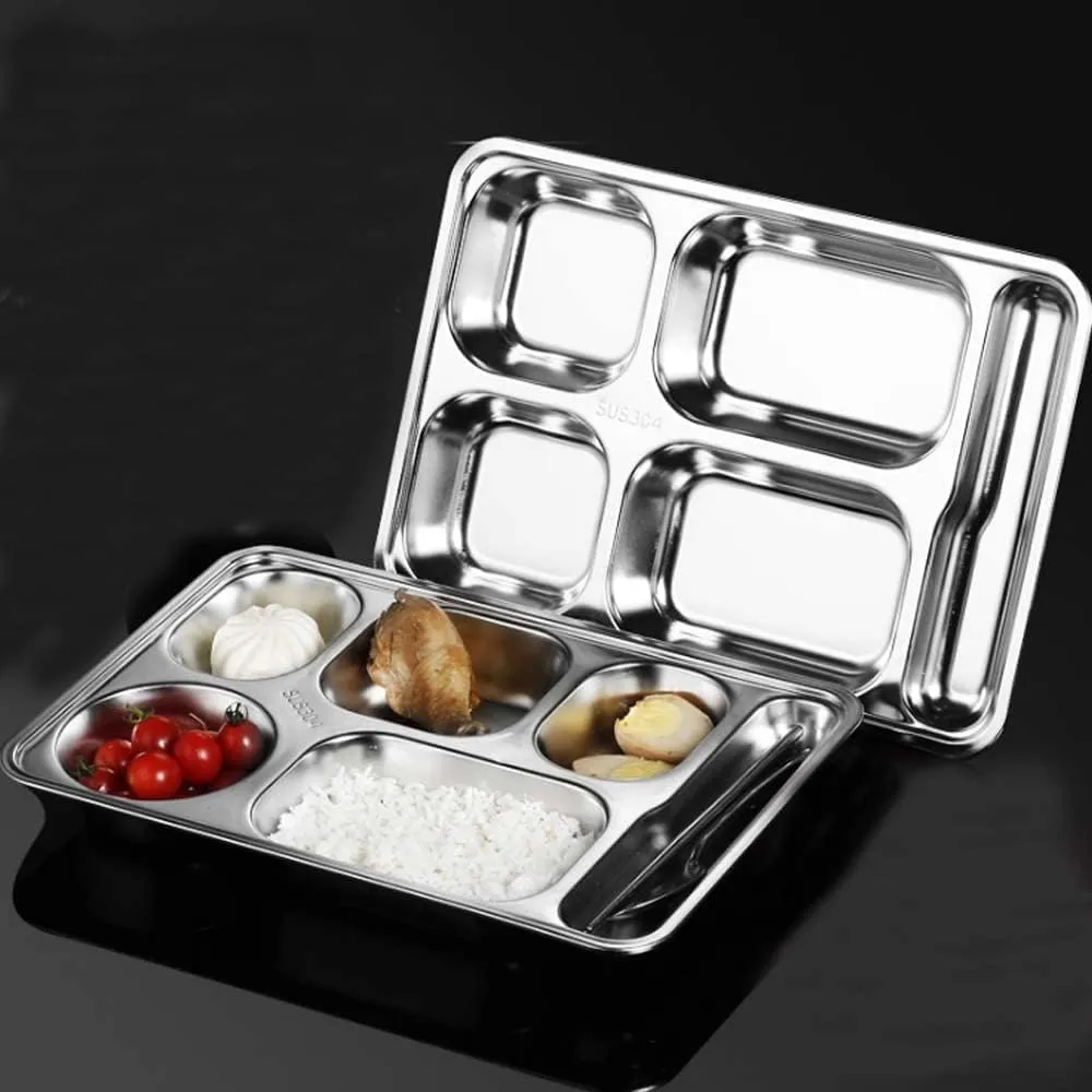 2 Pack Stainless Steel Divided Plates, Large 6 Sections Dinner Plates for Adults,Rectangular Serving Platter for Camping,Unbreakable Divided Portion Plates,Dishwasher Safe,Every Day Use
