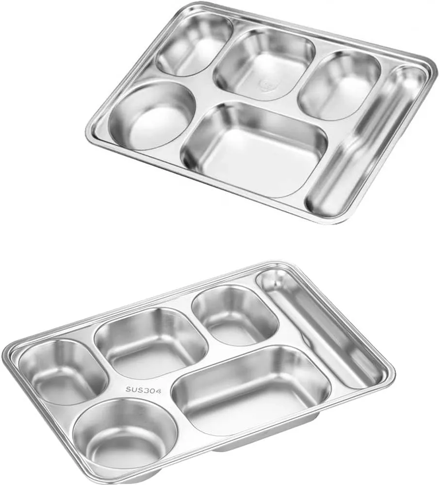 2 Pack Stainless Steel Divided Plates, Large 6 Sections Dinner Plates for Adults,Rectangular Serving Platter for Camping,Unbreakable Divided Portion Plates,Dishwasher Safe,Every Day Use