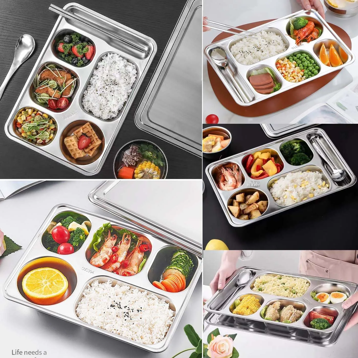 2 Pack Stainless Steel Divided Plates, Large 6 Sections Dinner Plates for Adults,Rectangular Serving Platter for Camping,Unbreakable Divided Portion Plates,Dishwasher Safe,Every Day Use