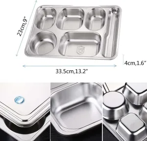 2 Pack Stainless Steel Divided Plates, Large 6 Sections Dinner Plates for Adults,Rectangular Serving Platter for Camping,Unbreakable Divided Portion Plates,Dishwasher Safe,Every Day Use