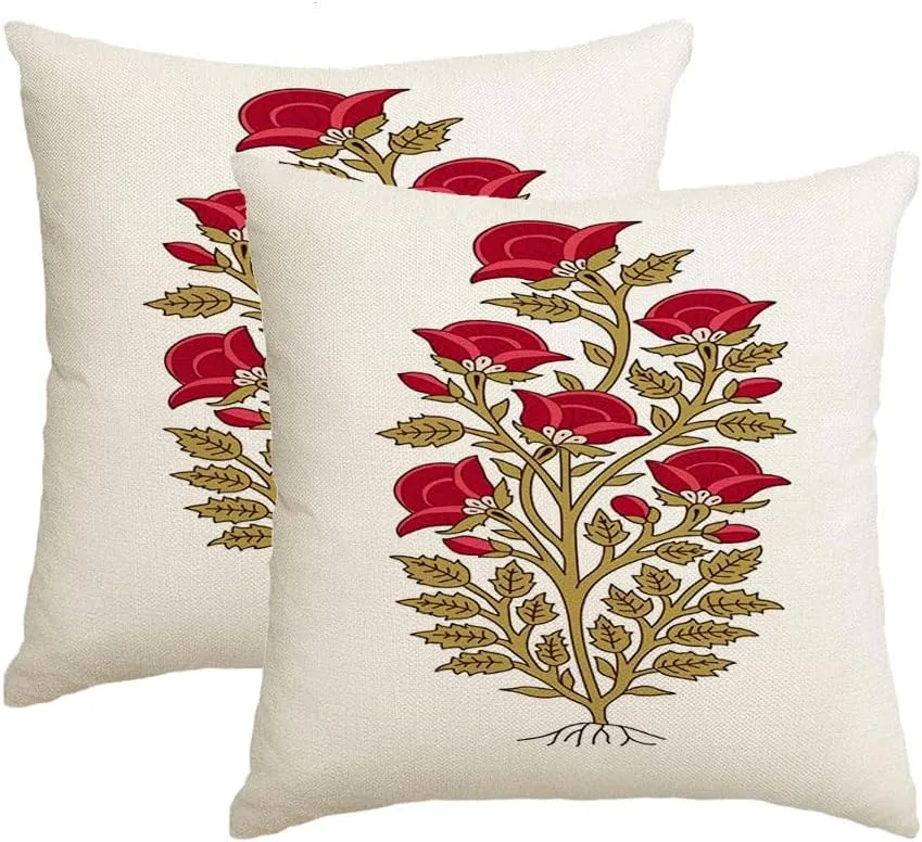 2 Packs Decorative Throw Pillow Covers 18x18 Inch for Couch Sofa Outdoor Blockprint Tribal Wood Fleur Block Kashmir Delicate Floral Fashion Flower Pattern Lace Design Ikat Square Cushion Case