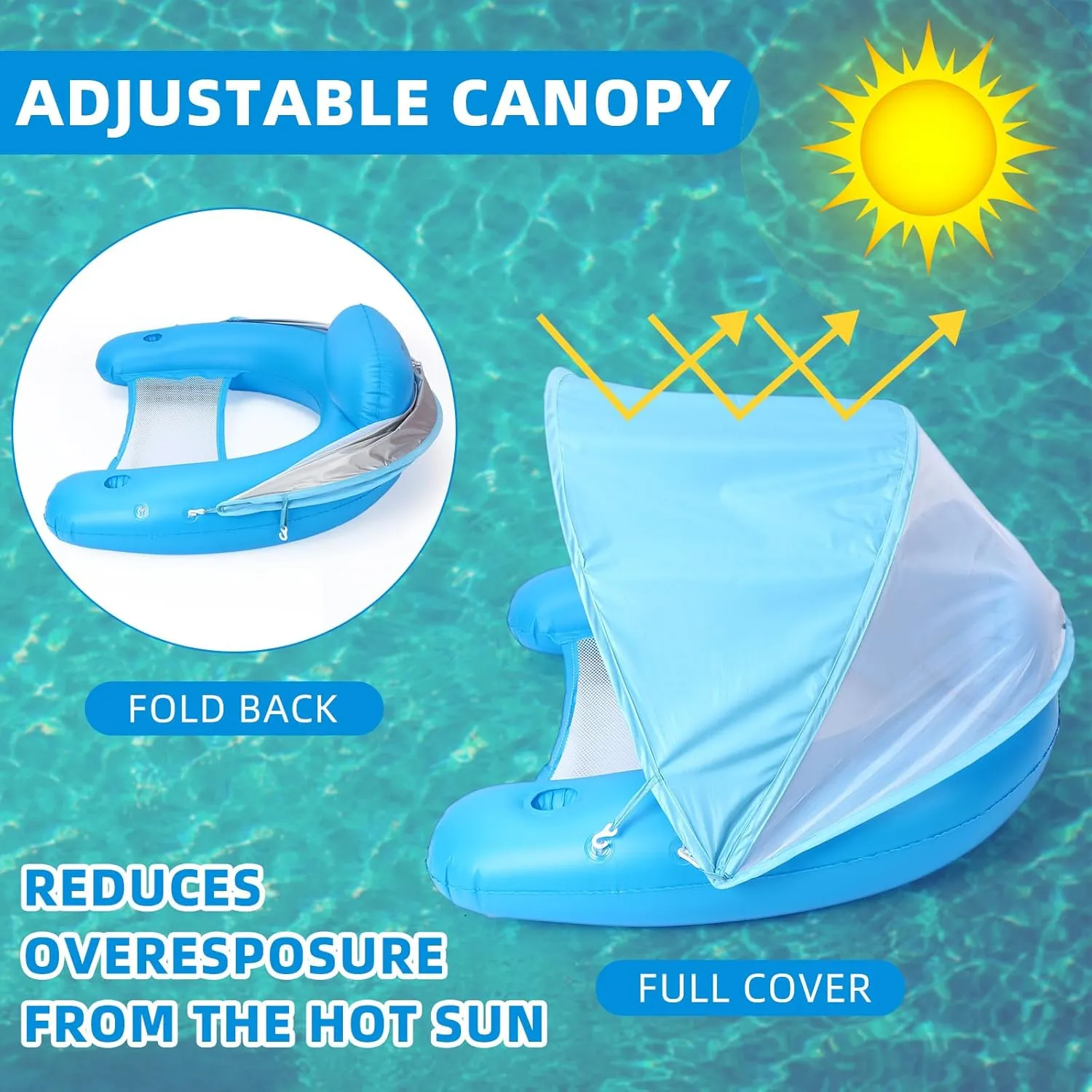 2 Pcs Large Pool Floats with Canopy for Adult, XL Inflatable Floating Chair for Pool Swimming Pool Floats Adults with Adjustable Sun Shade Cup Holder Women Beach Pool Favor(Blue and Pink)