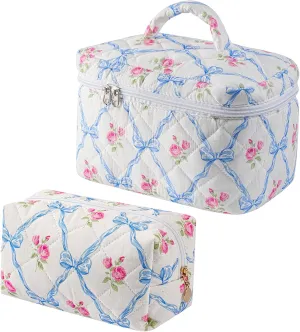2 Pcs Makeup Bag Cosmetic Bag for Women Girls, Cute Large Large Floral Cosmetic Bag, Flower Travel Toiletry Bag Makeup Brushes Cotton Makeup Bag Set (Blue Bowknot Blue Bowknot)