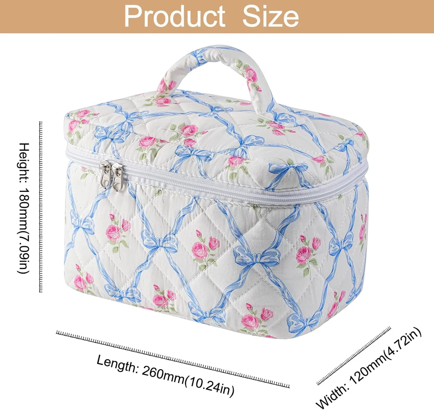 2 Pcs Makeup Bag Cosmetic Bag for Women Girls, Cute Large Large Floral Cosmetic Bag, Flower Travel Toiletry Bag Makeup Brushes Cotton Makeup Bag Set (Blue Bowknot Blue Bowknot)