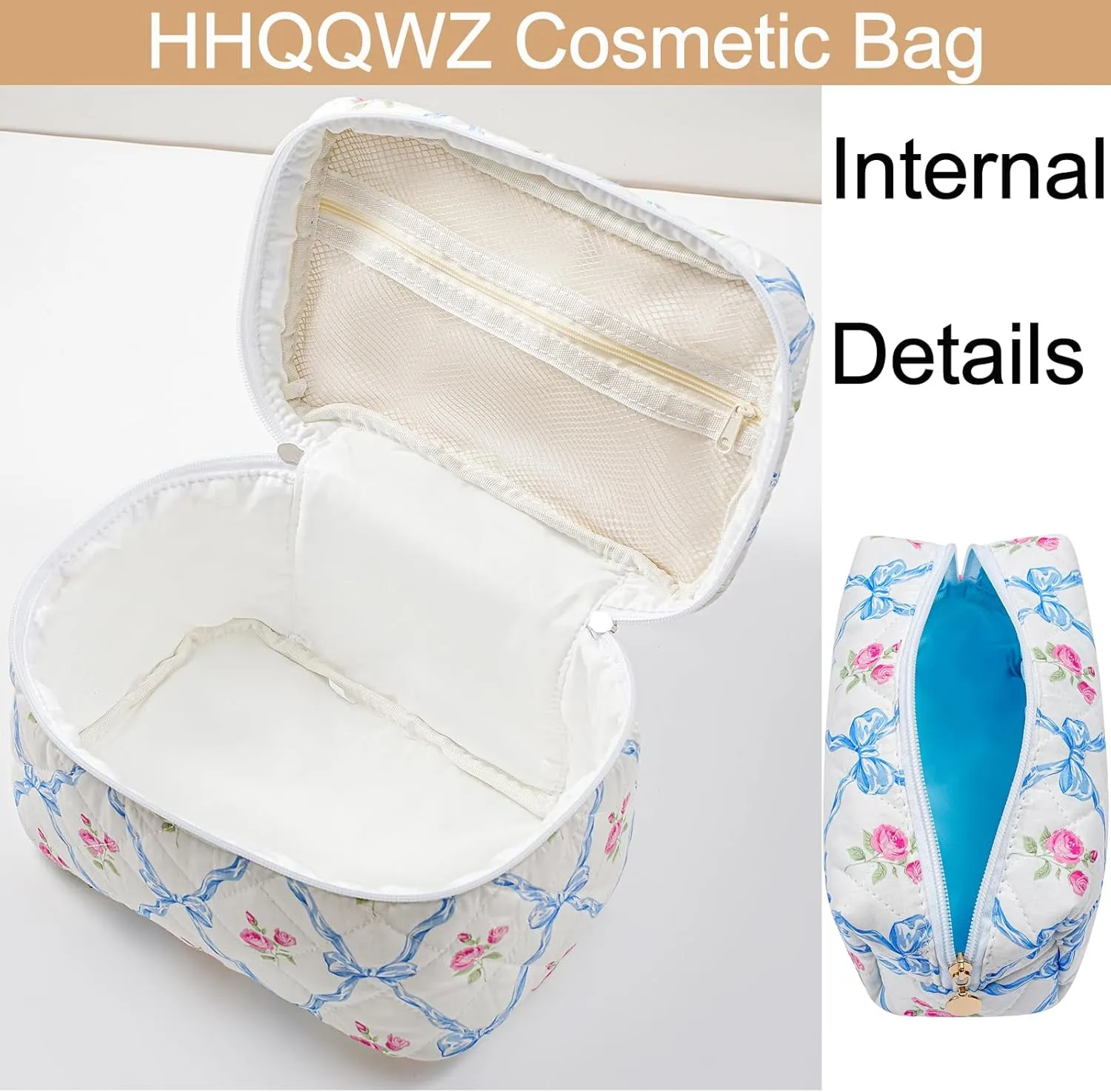 2 Pcs Makeup Bag Cosmetic Bag for Women Girls, Cute Large Large Floral Cosmetic Bag, Flower Travel Toiletry Bag Makeup Brushes Cotton Makeup Bag Set (Blue Bowknot Blue Bowknot)