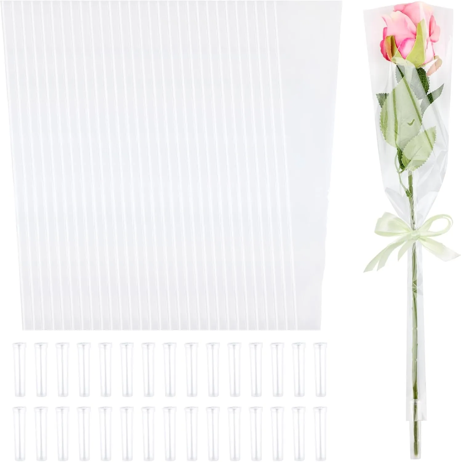 200 PCS Single Flower Sleeves Wrapping Bags with Floral Water Tubes for Bouquets, Single Rose Florist Bouquet Packaging Bags for Birthday Valentines Day, Wedding, Mother's Day Gifts