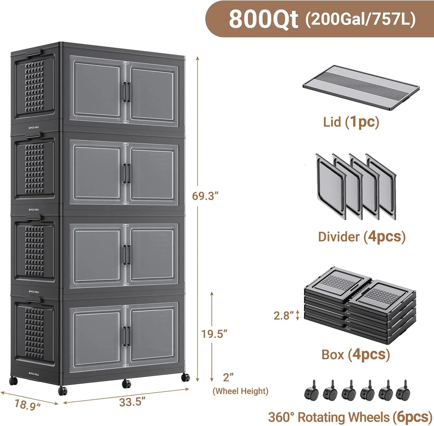 200Gal Plastic Storage Bins with Lid and Wheels, 4Pack Extra Large Stackable Bins with Dividers, Closet Organizers and Storage Cabinet Shelves Collapsible Box for Home Garage, Black