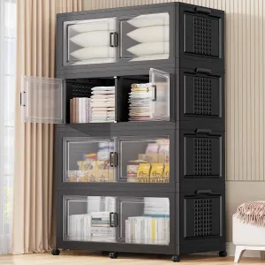 200Gal Plastic Storage Bins with Lid and Wheels, 4Pack Extra Large Stackable Bins with Dividers, Closet Organizers and Storage Cabinet Shelves Collapsible Box for Home Garage, Black