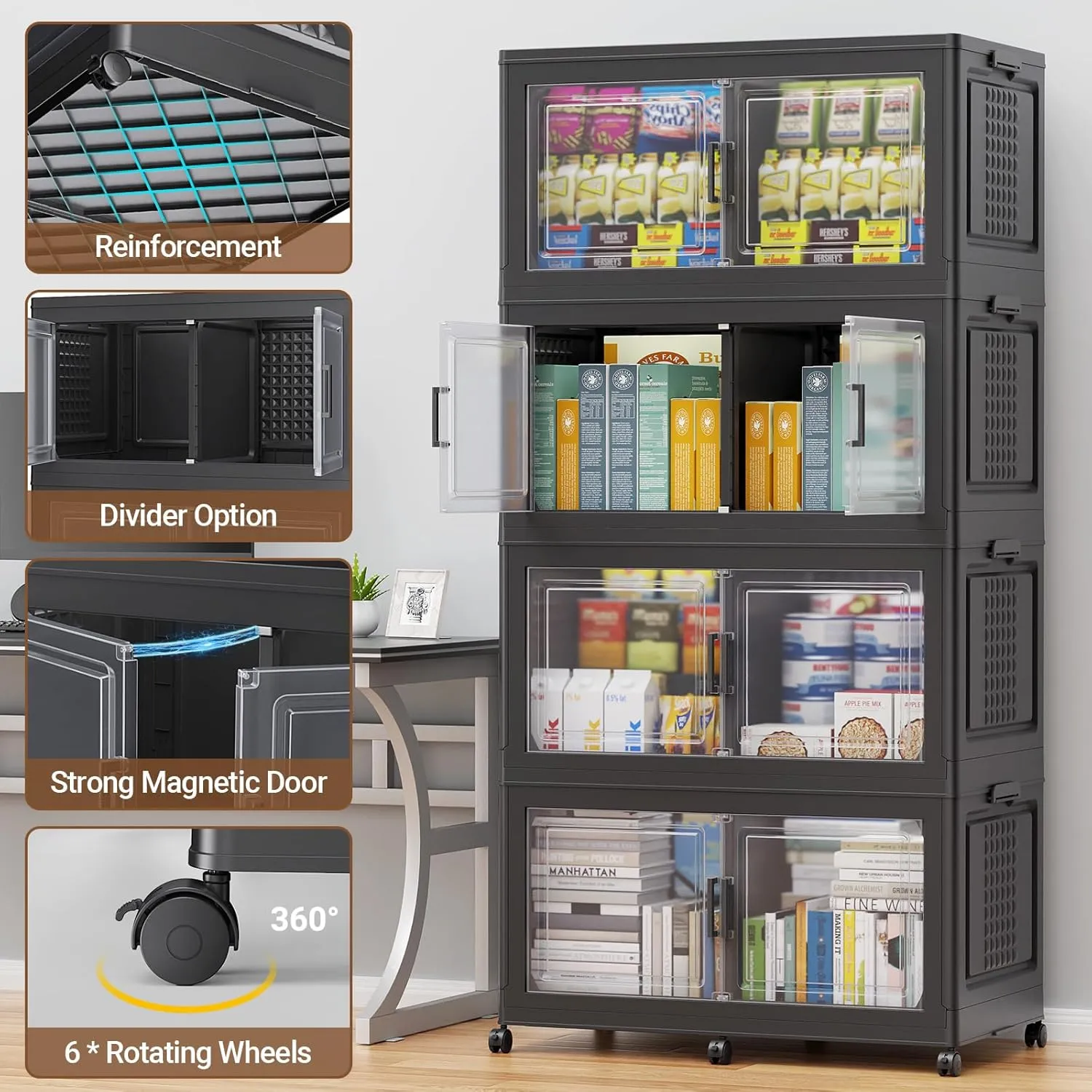 200Gal Plastic Storage Bins with Lid and Wheels, 4Pack Extra Large Stackable Bins with Dividers, Closet Organizers and Storage Cabinet Shelves Collapsible Box for Home Garage, Black