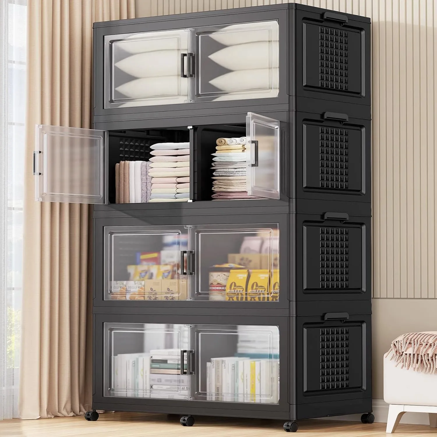 200Gal Plastic Storage Bins with Lid and Wheels, 4Pack Extra Large Stackable Bins with Dividers, Closet Organizers and Storage Cabinet Shelves Collapsible Box for Home Garage, Black