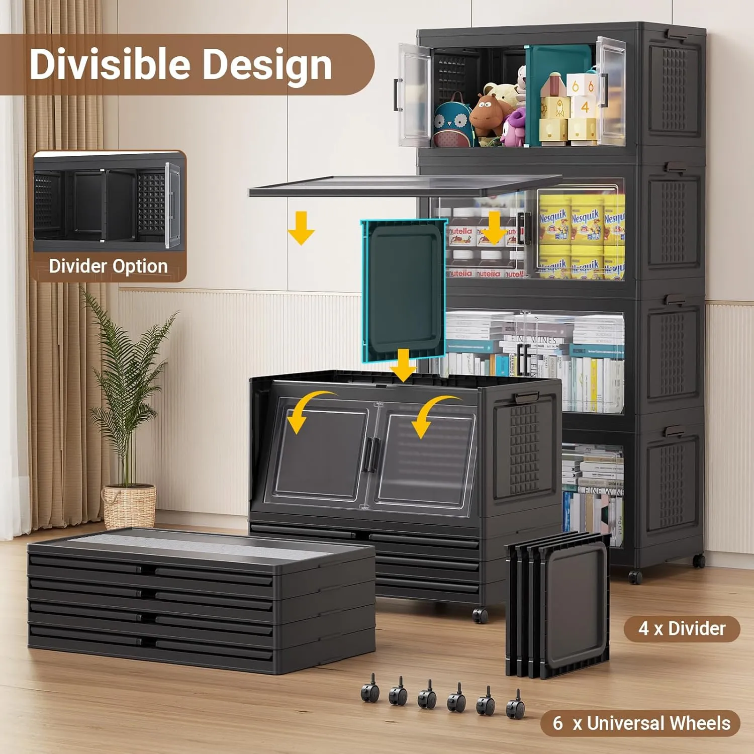 200Gal Plastic Storage Bins with Lid and Wheels, 4Pack Extra Large Stackable Bins with Dividers, Closet Organizers and Storage Cabinet Shelves Collapsible Box for Home Garage, Black
