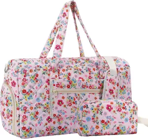 2025 New Flower Printed Travel Duffle Bag, Weekender Overnight Quilted Duffle Bag for Women, Large Capacity Duffel Bag with Shoe Compartment, Gym Tote Bags with Dry and Wet Separation (2 Pcs)
