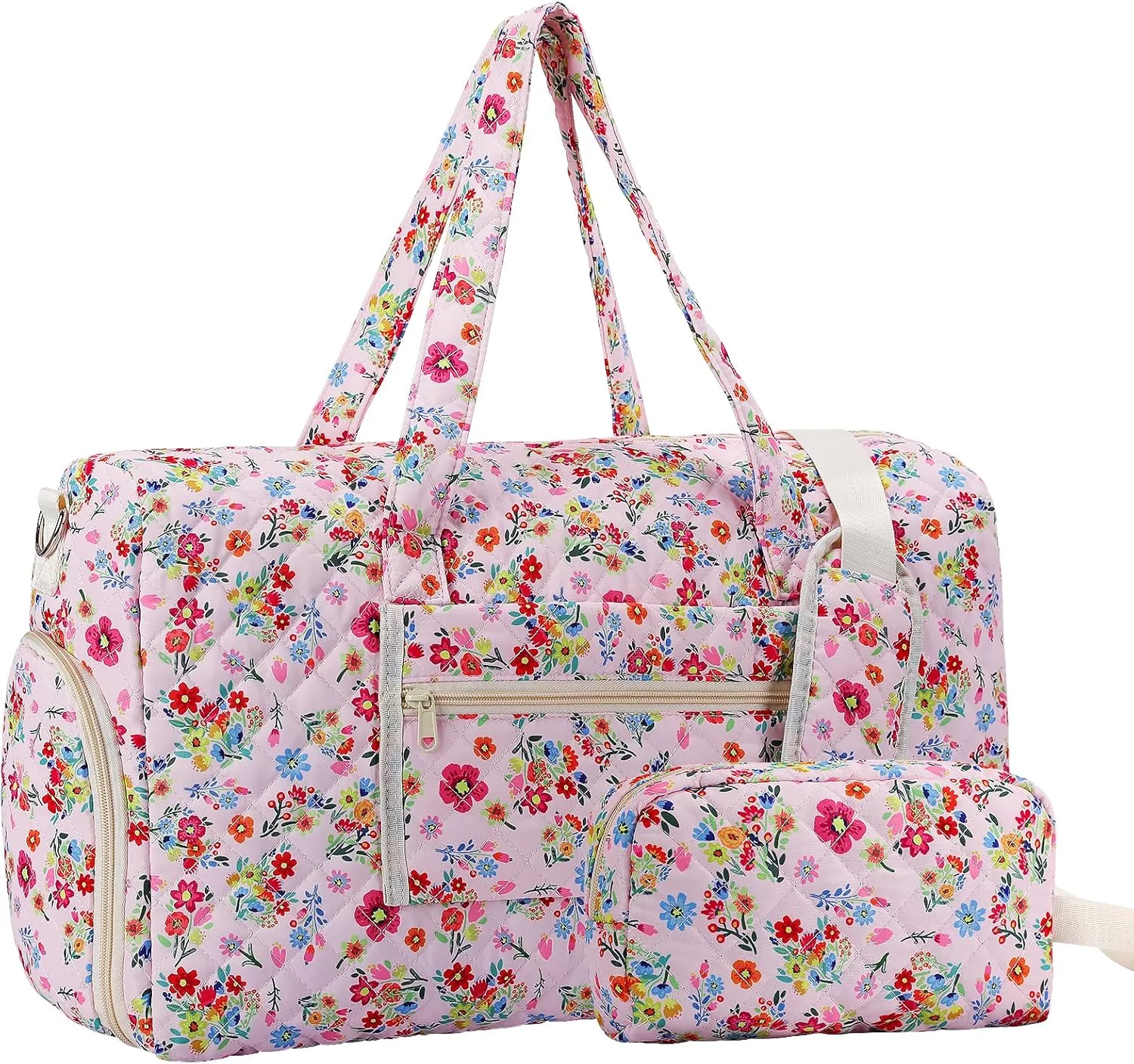 2025 New Flower Printed Travel Duffle Bag, Weekender Overnight Quilted Duffle Bag for Women, Large Capacity Duffel Bag with Shoe Compartment, Gym Tote Bags with Dry and Wet Separation (2 Pcs)