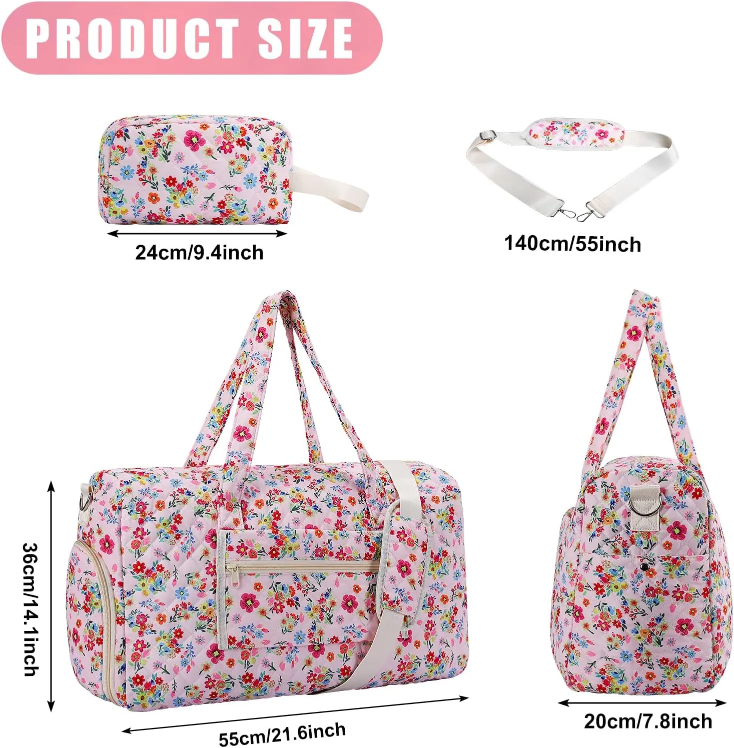 2025 New Flower Printed Travel Duffle Bag, Weekender Overnight Quilted Duffle Bag for Women, Large Capacity Duffel Bag with Shoe Compartment, Gym Tote Bags with Dry and Wet Separation (2 Pcs)