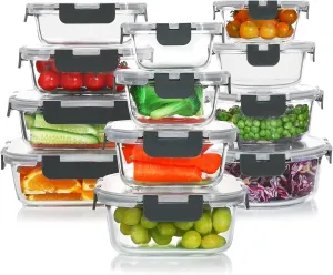 24 Pieces Glass Food Storage Containers Set,Glass Meal Prep Containers-Stackable Airtight Glass Storage Containers with lids,Freezer, Microwave, Oven Safe,Gray