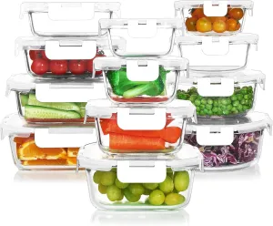 24 Pieces Glass Food Storage Containers Set,Glass Meal Prep Containers-Stackable Airtight Glass Storage Containers with lids,Freezer, Microwave, Oven Safe,White