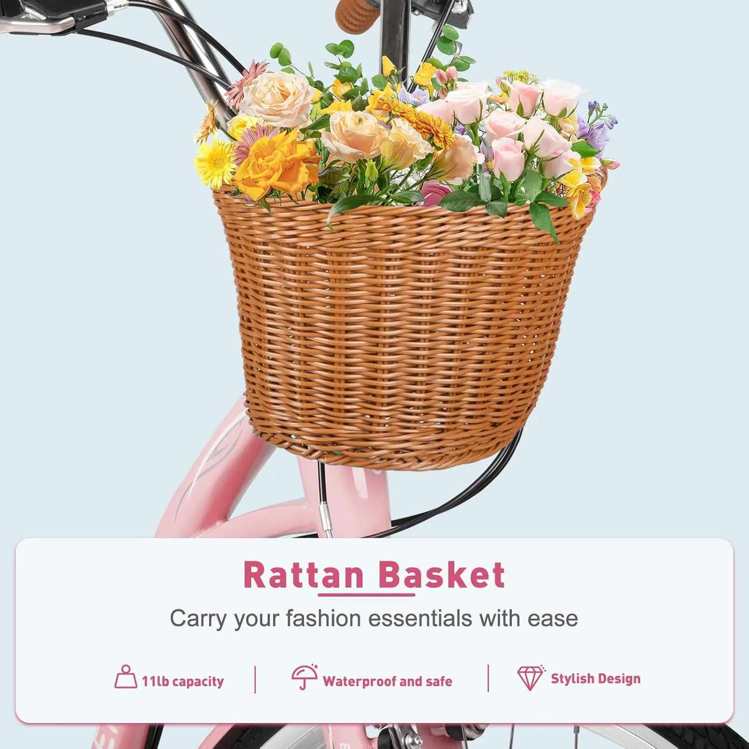 26 Inch Beach Cruiser Bike, 7-Speed Ladies Bike with Basket & Rack, Ideal City Bicycle for Women and Adults, Perfect for Commuting and Leisure Rides