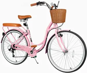 26 Inch Beach Cruiser Bike, 7-Speed Ladies Bike with Basket & Rack, Ideal City Bicycle for Women and Adults, Perfect for Commuting and Leisure Rides