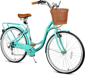 26 Inch Beach Cruiser Bike, 7-Speed Ladies Bike with Basket & Rack, Ideal City Bicycle for Women and Adults, Perfect for Commuting and Leisure Rides