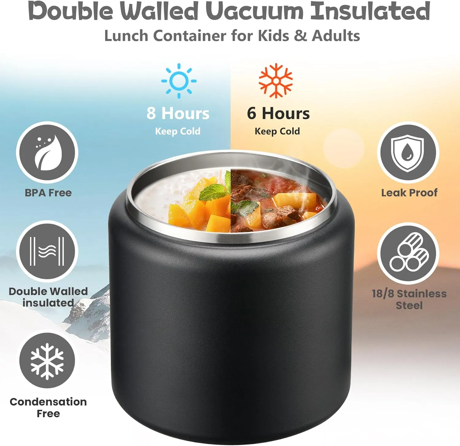 26oz Soup Thermo for Hot Food Kids Insulated Vacuum Food Jar with Buckle Lid,Wide Mouth Leakproof Stainless Steel Lunch Container with Spoon-Black