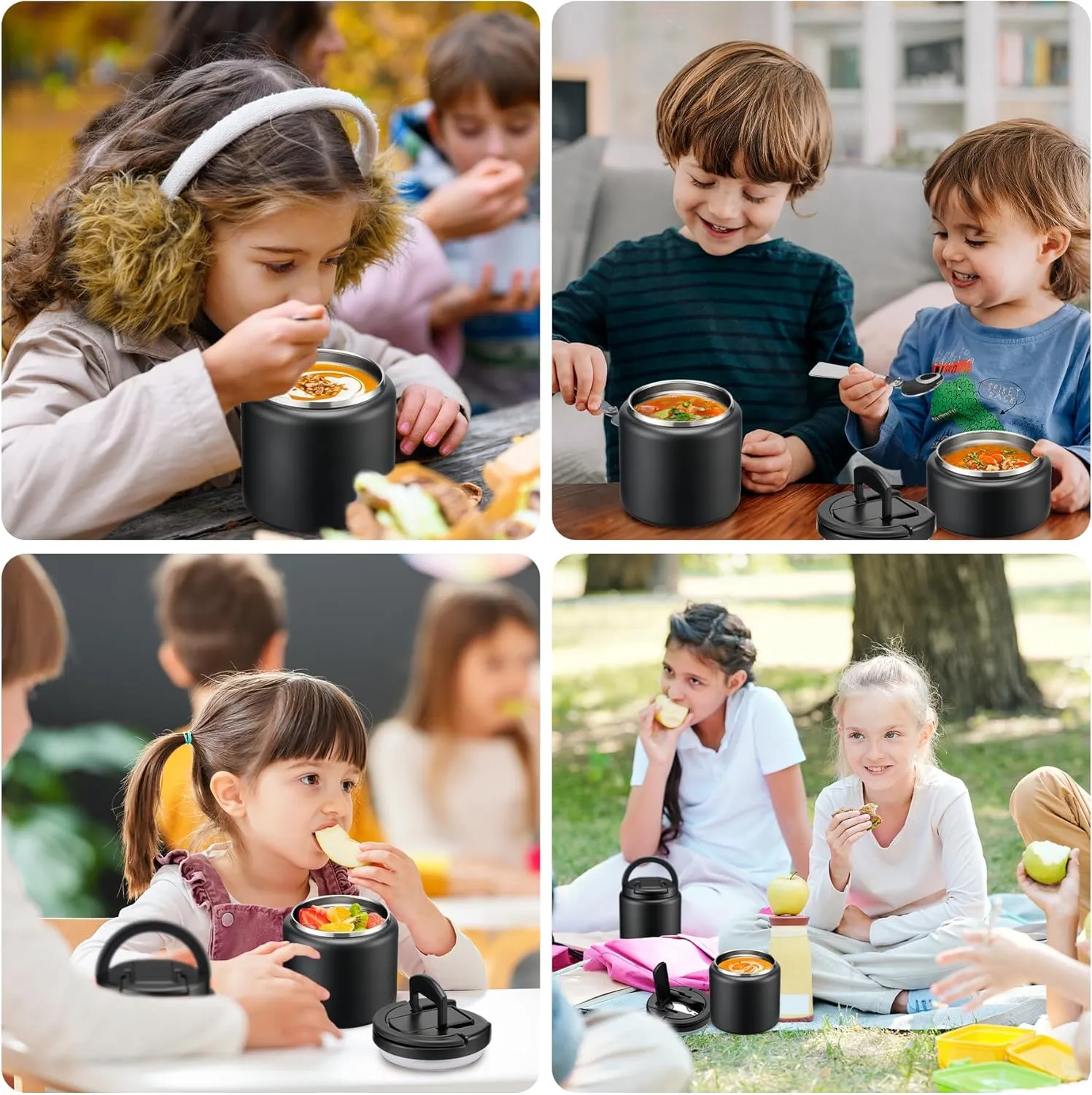 26oz Soup Thermo for Hot Food Kids Insulated Vacuum Food Jar with Buckle Lid,Wide Mouth Leakproof Stainless Steel Lunch Container with Spoon-Black