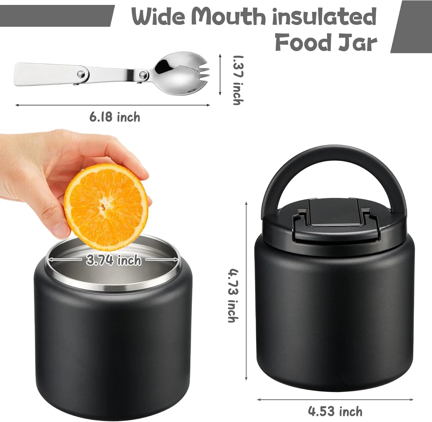 26oz Soup Thermo for Hot Food Kids Insulated Vacuum Food Jar with Buckle Lid,Wide Mouth Leakproof Stainless Steel Lunch Container with Spoon-Black
