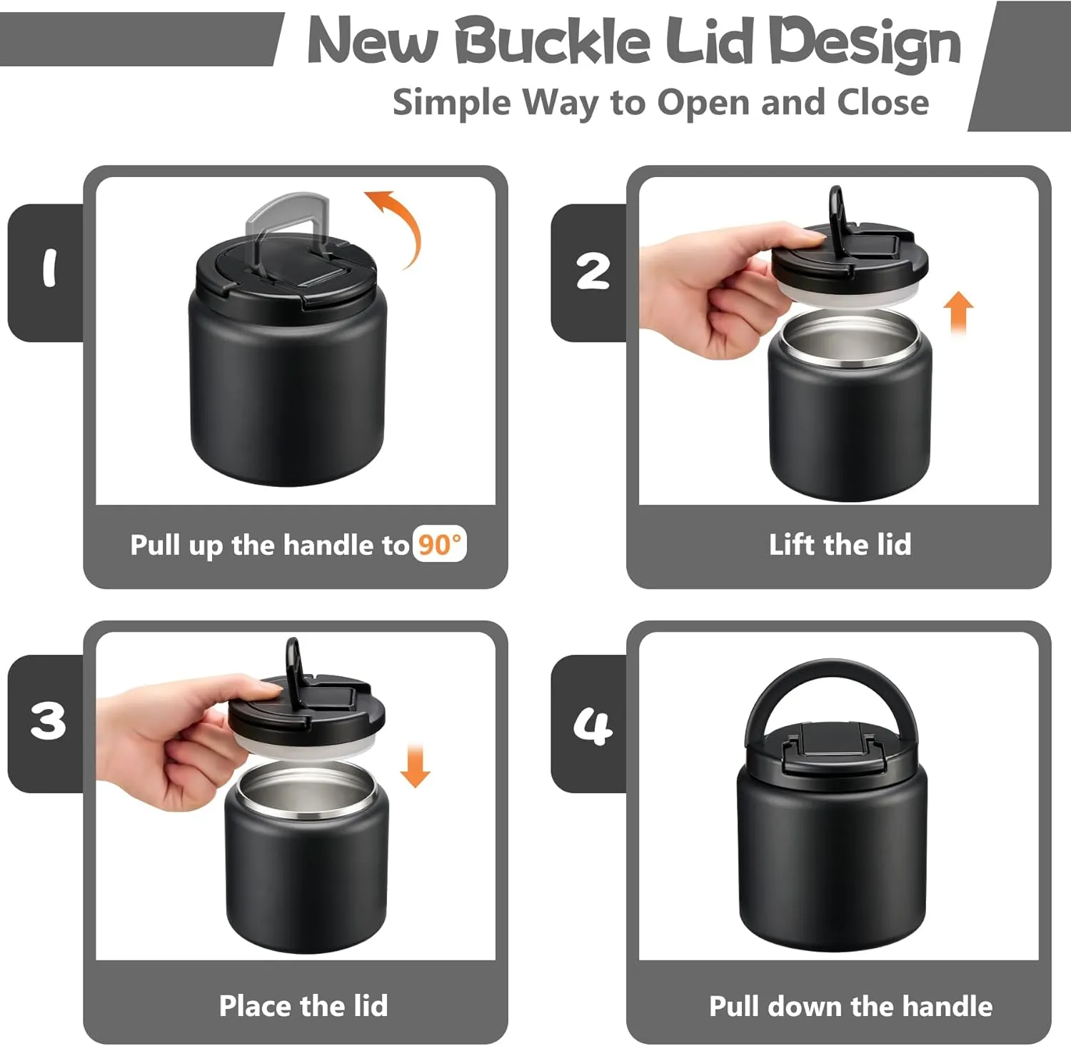 26oz Soup Thermo for Hot Food Kids Insulated Vacuum Food Jar with Buckle Lid,Wide Mouth Leakproof Stainless Steel Lunch Container with Spoon-Black