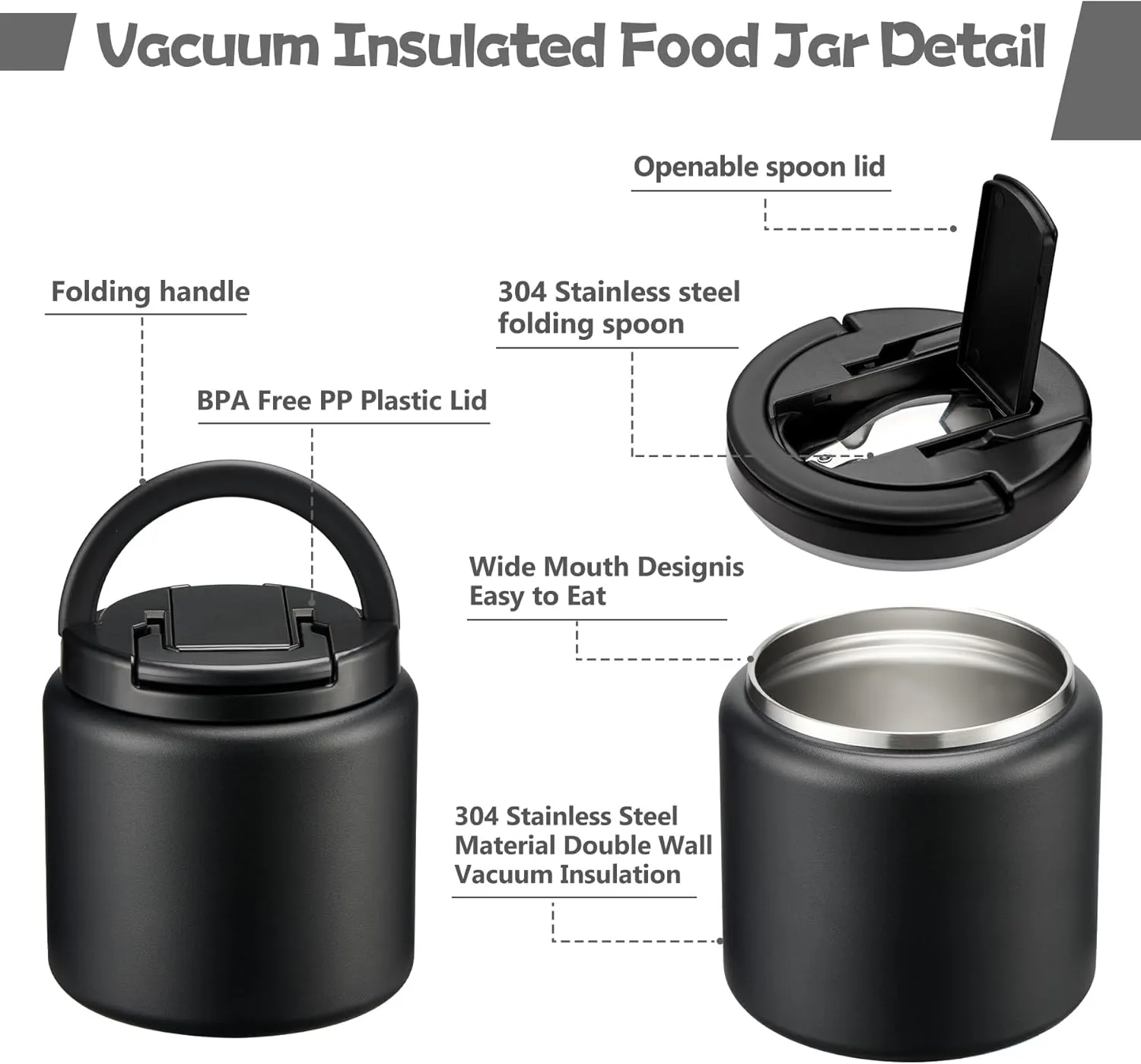 26oz Soup Thermo for Hot Food Kids Insulated Vacuum Food Jar with Buckle Lid,Wide Mouth Leakproof Stainless Steel Lunch Container with Spoon-Black