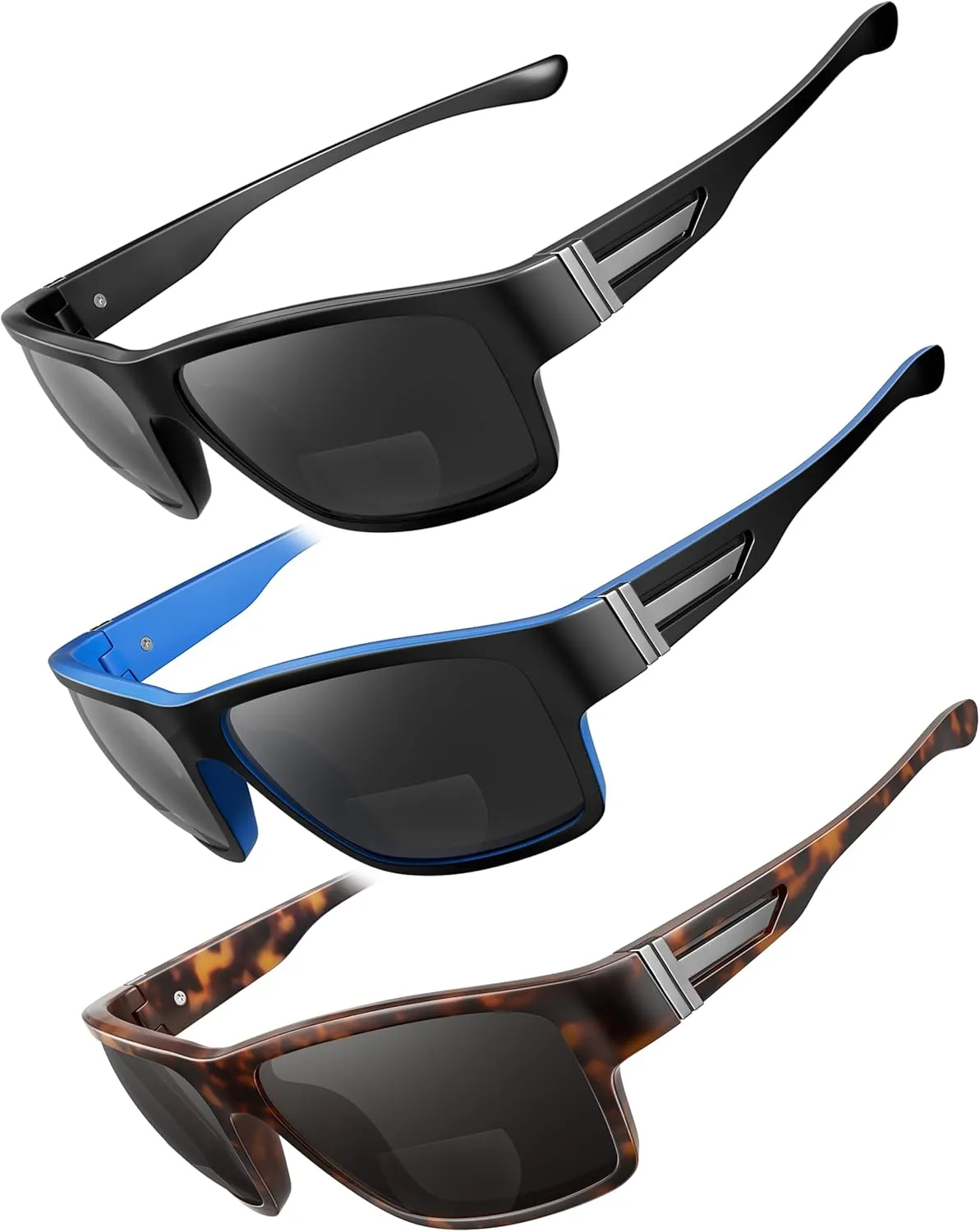 3 PACK Evolved Unbreakable Bifocal Reading Sunglasses Men TR90 Frame Wrap Around Design Glasses UV 400 Protection Outdoor Sun Reader Sports/Driving (Black & Blue & Tortoise  1.50)