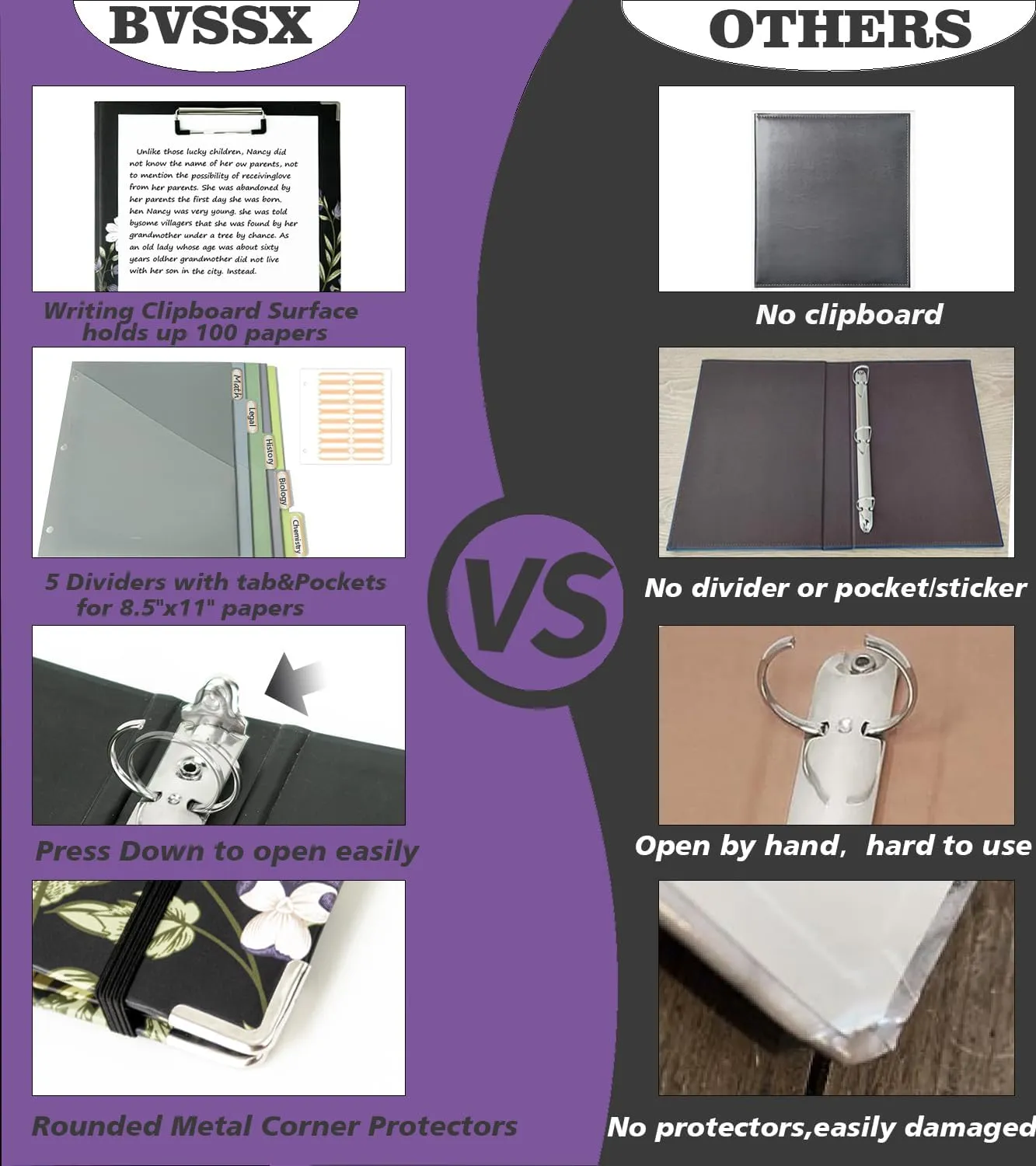 3 Ring Binder 1 Inch, Three Ring Binders Organizer with Clipboard, 5-Tabs Pockets Dividers, Plastic Folder, 18 Divider Stikers, BVSSX Pretty Binder with Pen Loop (Black Weeds, Letter Size)