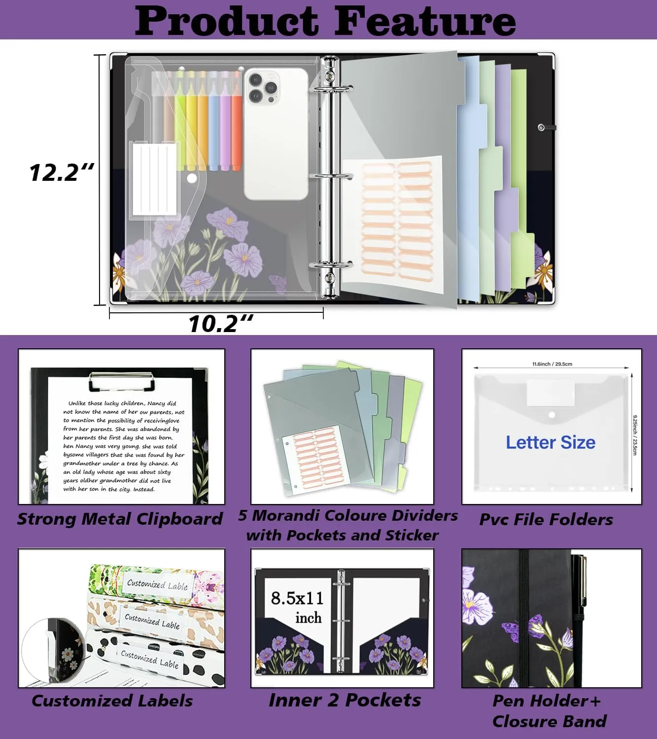 3 Ring Binder 1 Inch, Three Ring Binders Organizer with Clipboard, 5-Tabs Pockets Dividers, Plastic Folder, 18 Divider Stikers, BVSSX Pretty Binder with Pen Loop (Black Weeds, Letter Size)