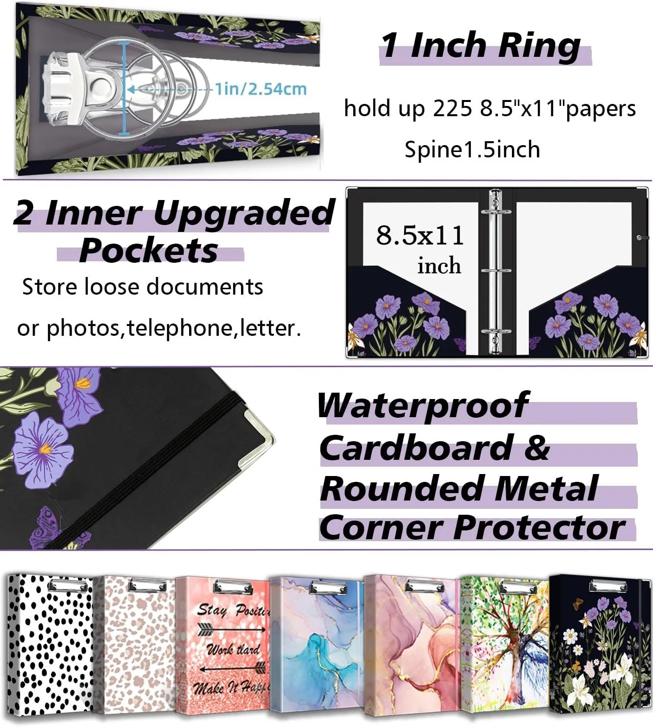 3 Ring Binder 1 Inch, Three Ring Binders Organizer with Clipboard, 5-Tabs Pockets Dividers, Plastic Folder, 18 Divider Stikers, BVSSX Pretty Binder with Pen Loop (Black Weeds, Letter Size)