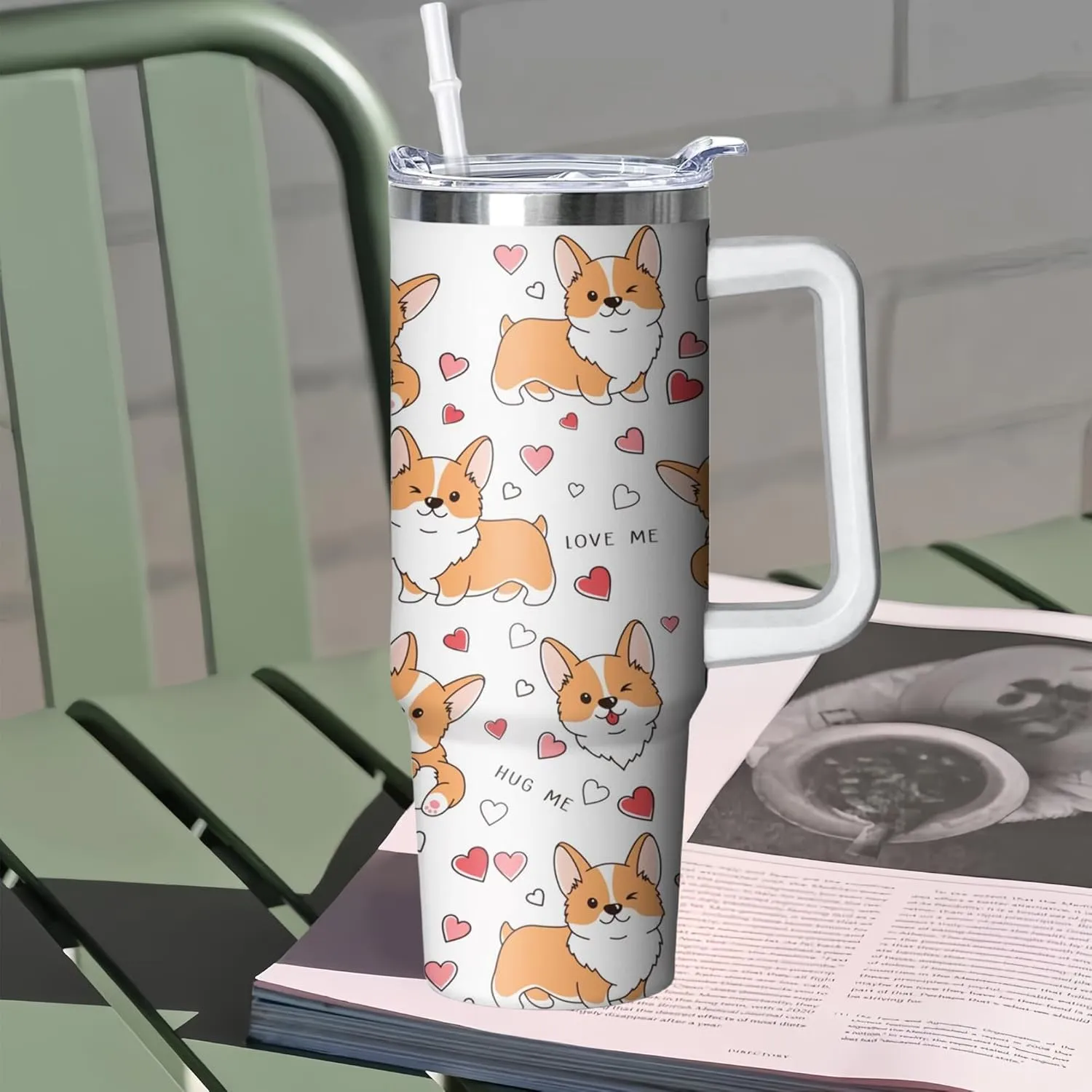 30 oz Corgi Tumbler with Handle and Straw, Dog Insulated Stainless Steel Cup with Lid, Travel Coffee Mug Water Bottle, Gifts for Woman Animal Lovers