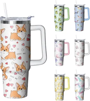 30 oz Corgi Tumbler with Handle and Straw, Dog Insulated Stainless Steel Cup with Lid, Travel Coffee Mug Water Bottle, Gifts for Woman Animal Lovers