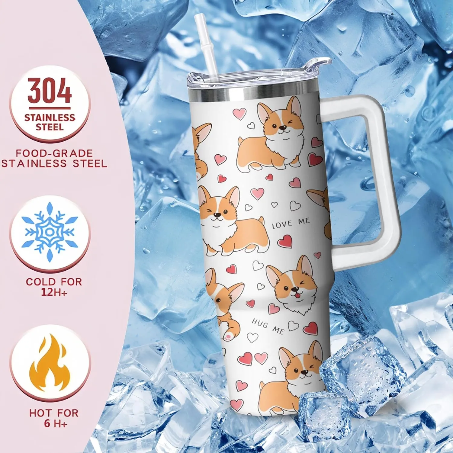 30 oz Corgi Tumbler with Handle and Straw, Dog Insulated Stainless Steel Cup with Lid, Travel Coffee Mug Water Bottle, Gifts for Woman Animal Lovers