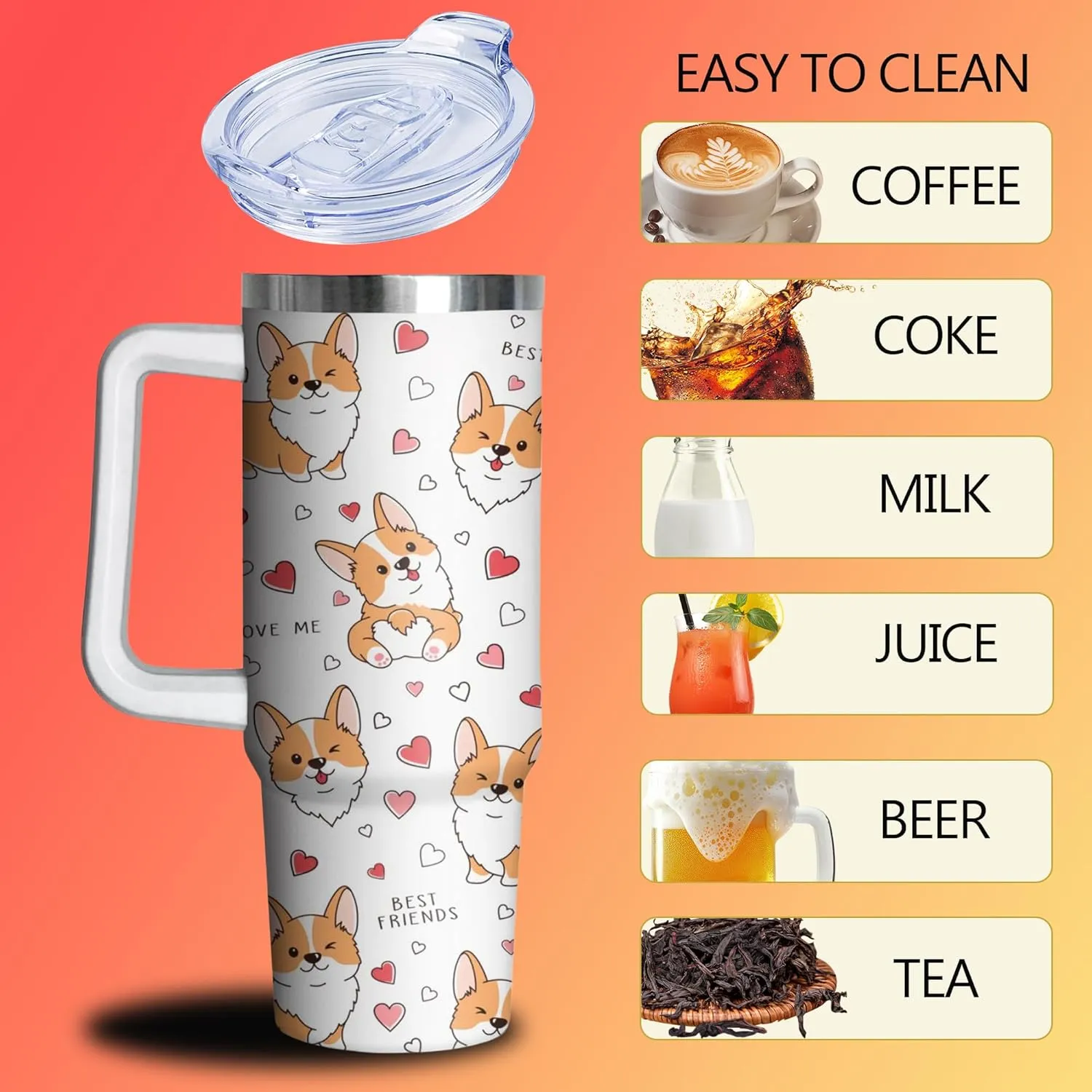 30 oz Corgi Tumbler with Handle and Straw, Dog Insulated Stainless Steel Cup with Lid, Travel Coffee Mug Water Bottle, Gifts for Woman Animal Lovers