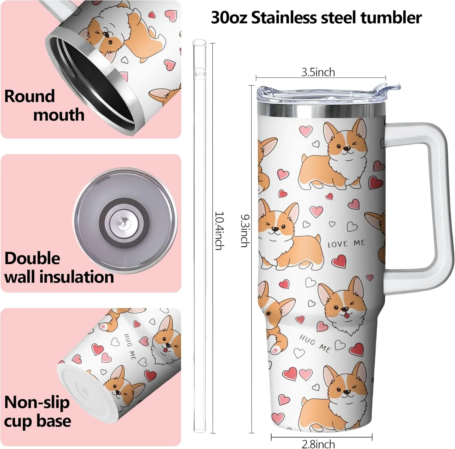 30 oz Corgi Tumbler with Handle and Straw, Dog Insulated Stainless Steel Cup with Lid, Travel Coffee Mug Water Bottle, Gifts for Woman Animal Lovers