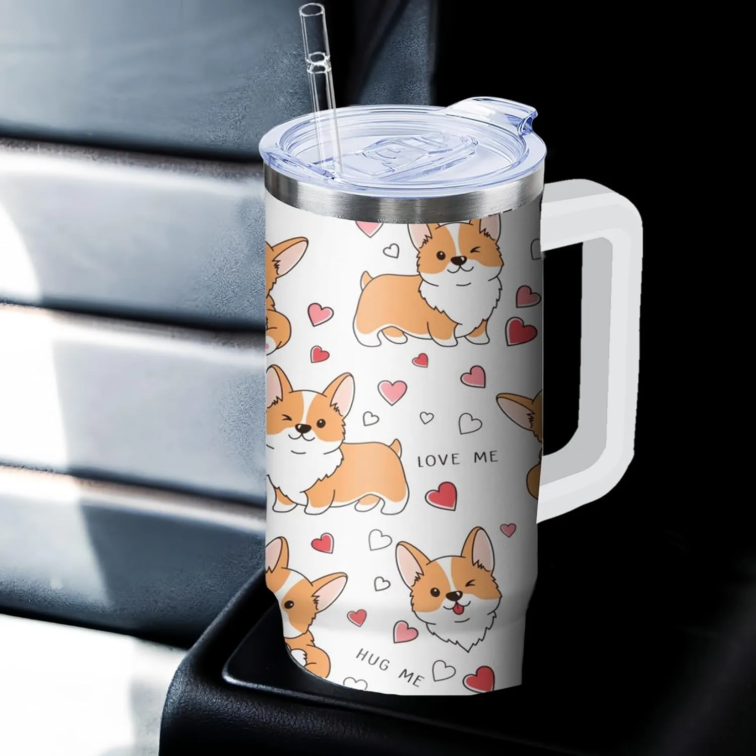 30 oz Corgi Tumbler with Handle and Straw, Dog Insulated Stainless Steel Cup with Lid, Travel Coffee Mug Water Bottle, Gifts for Woman Animal Lovers