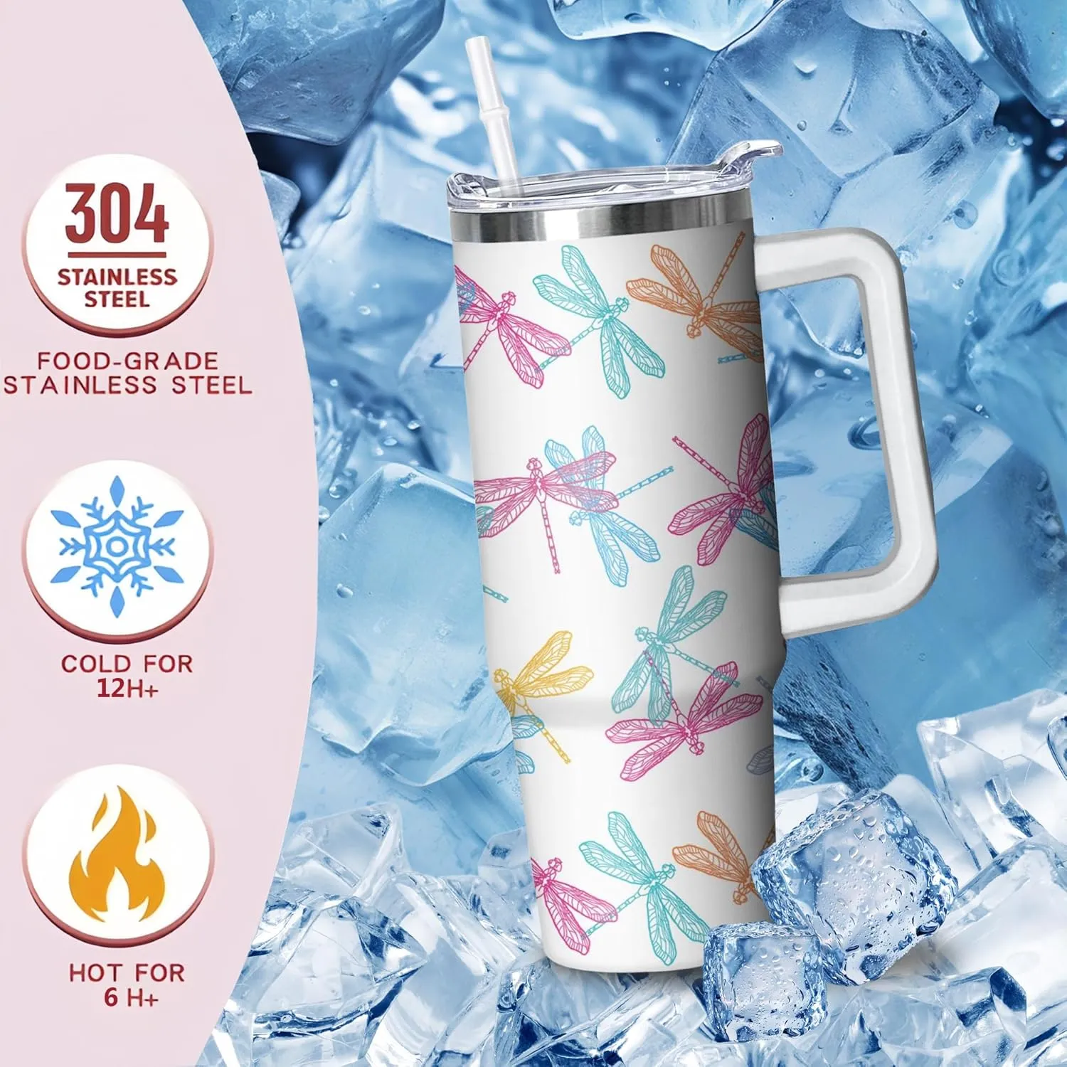 30 oz Dragonfly Tumbler with Handle and Straw, Insulated Stainless Steel Cup with Lid, Travel Coffee Mug Water Bottle, Gifts for Woman Animal Lovers