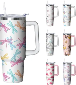 30 oz Dragonfly Tumbler with Handle and Straw, Insulated Stainless Steel Cup with Lid, Travel Coffee Mug Water Bottle, Gifts for Woman Animal Lovers