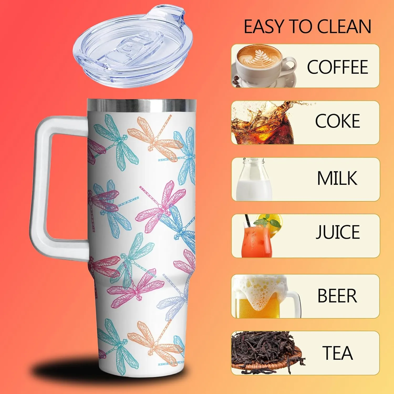 30 oz Dragonfly Tumbler with Handle and Straw, Insulated Stainless Steel Cup with Lid, Travel Coffee Mug Water Bottle, Gifts for Woman Animal Lovers